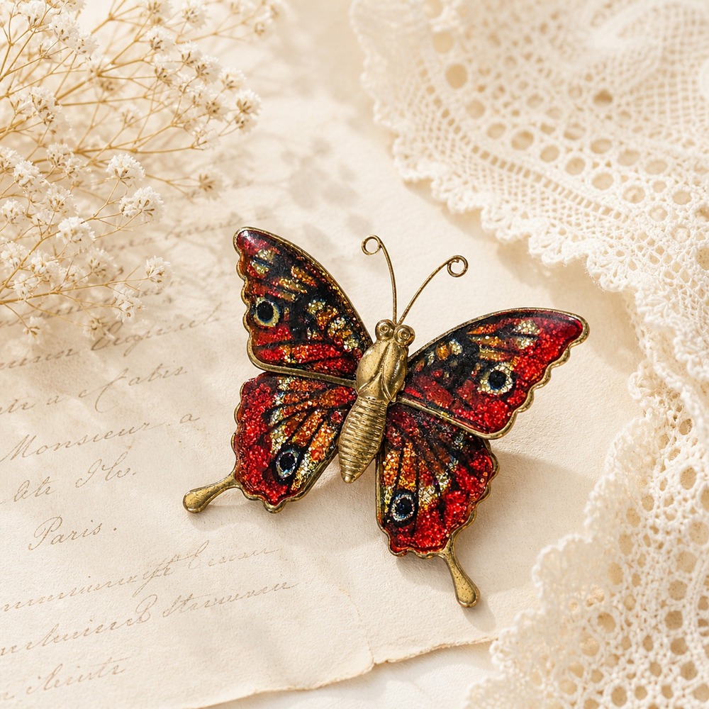 Vintage Butterfly Brooch Glitter Enamel Red Gold Tone Figural Pin OS